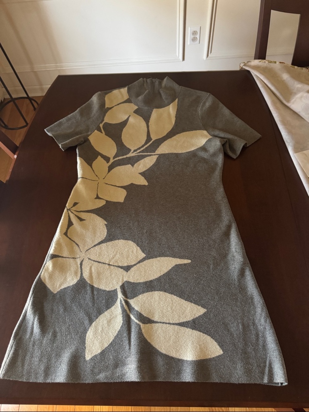 Anthropologie Grey Knit Mini Dress with Cream Leaf Motif